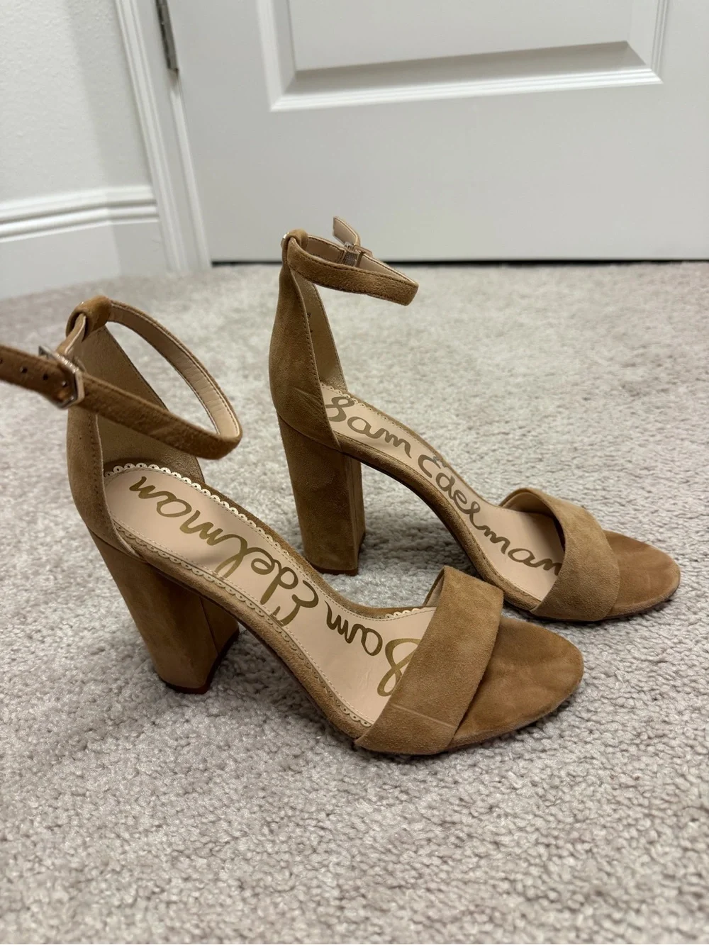 Sam Edelman Cognac Suede Block Heel Sandals with Ankle Strap
